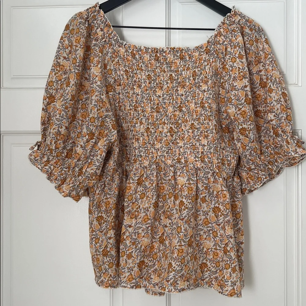 OLD NAVY Peasant Smocked Puff-Sleeve Peplum Blouse Multi Ditsy Orange/Cream L